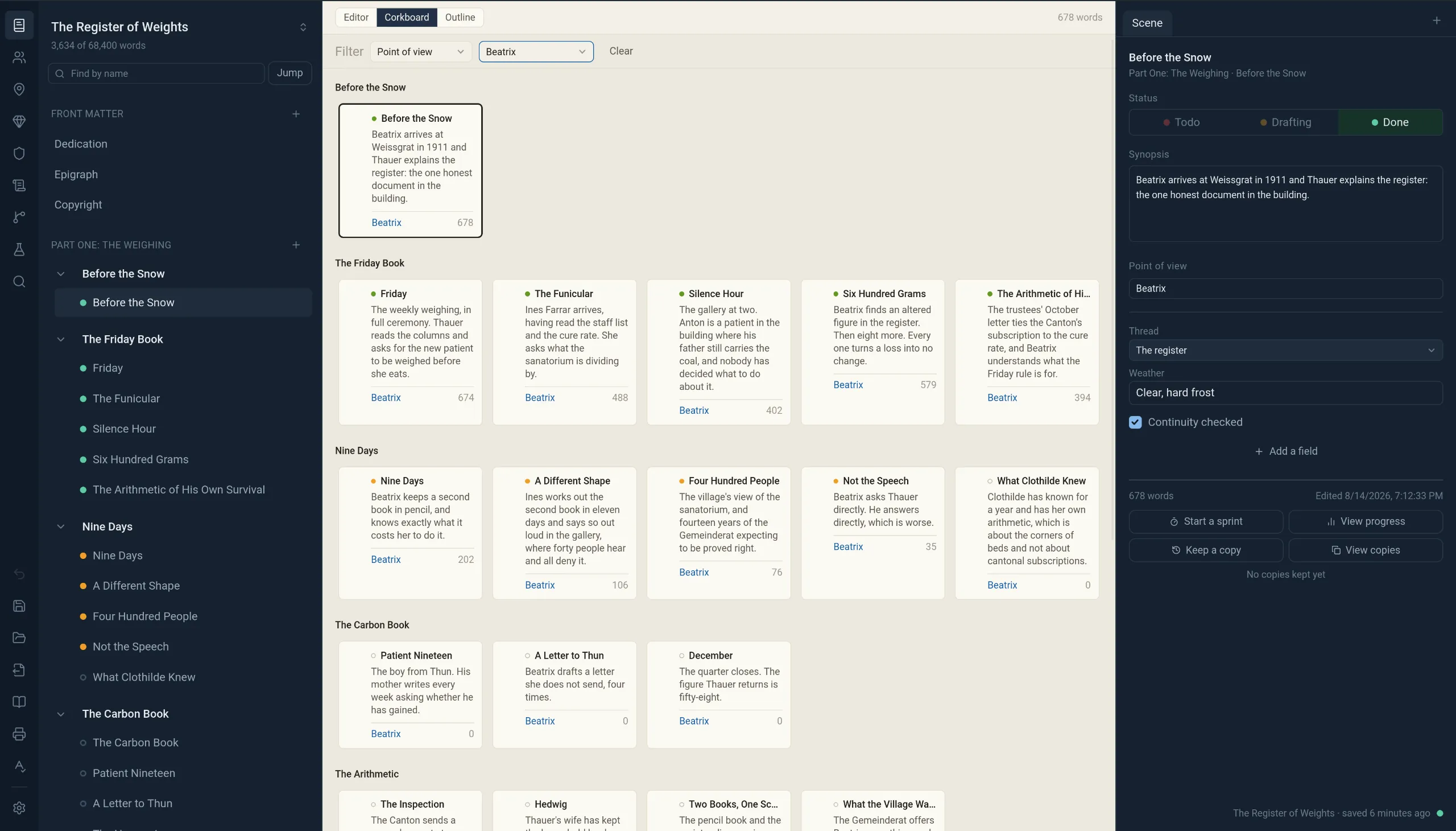 A corkboard of scene cards grouped by chapter, each with a synopsis and a status