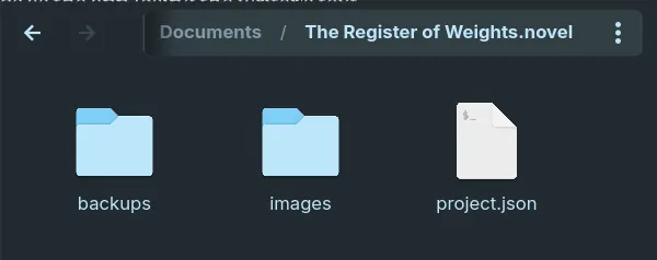 A .novel project open in a file manager, showing a backups folder, an images folder and a project file