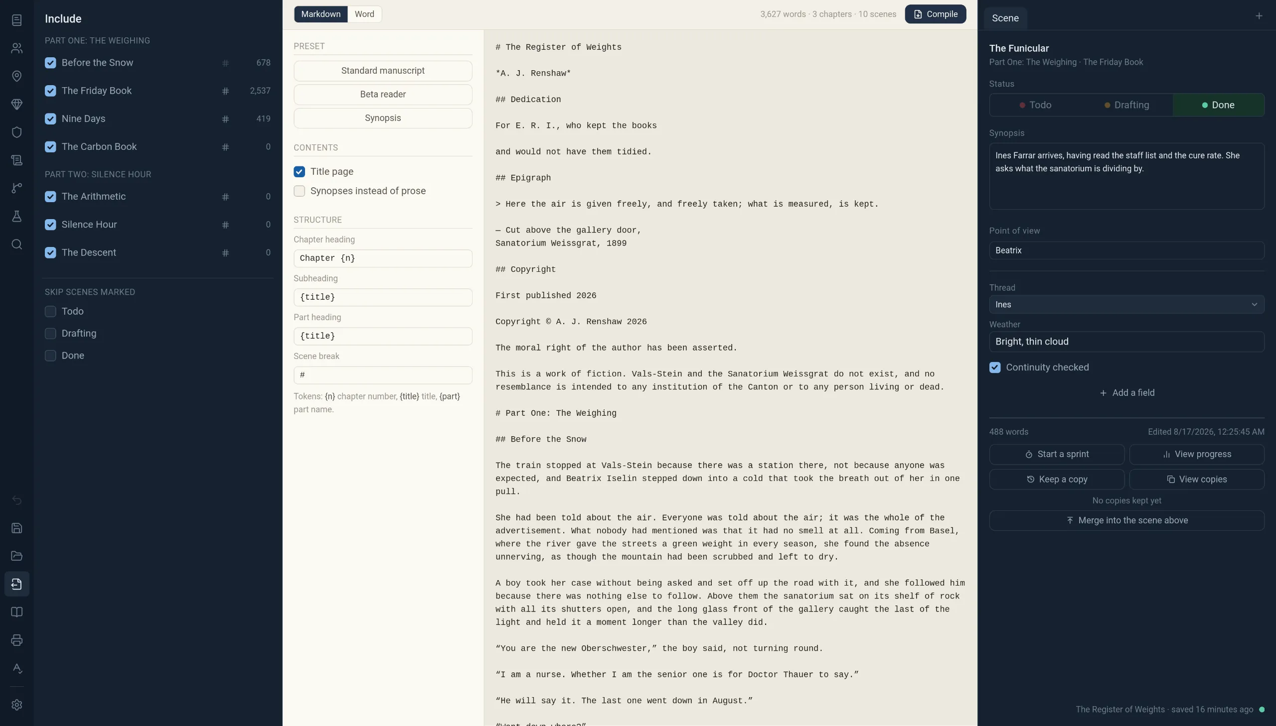 The compile view with chapters to include on the left and the generated manuscript in the centre
