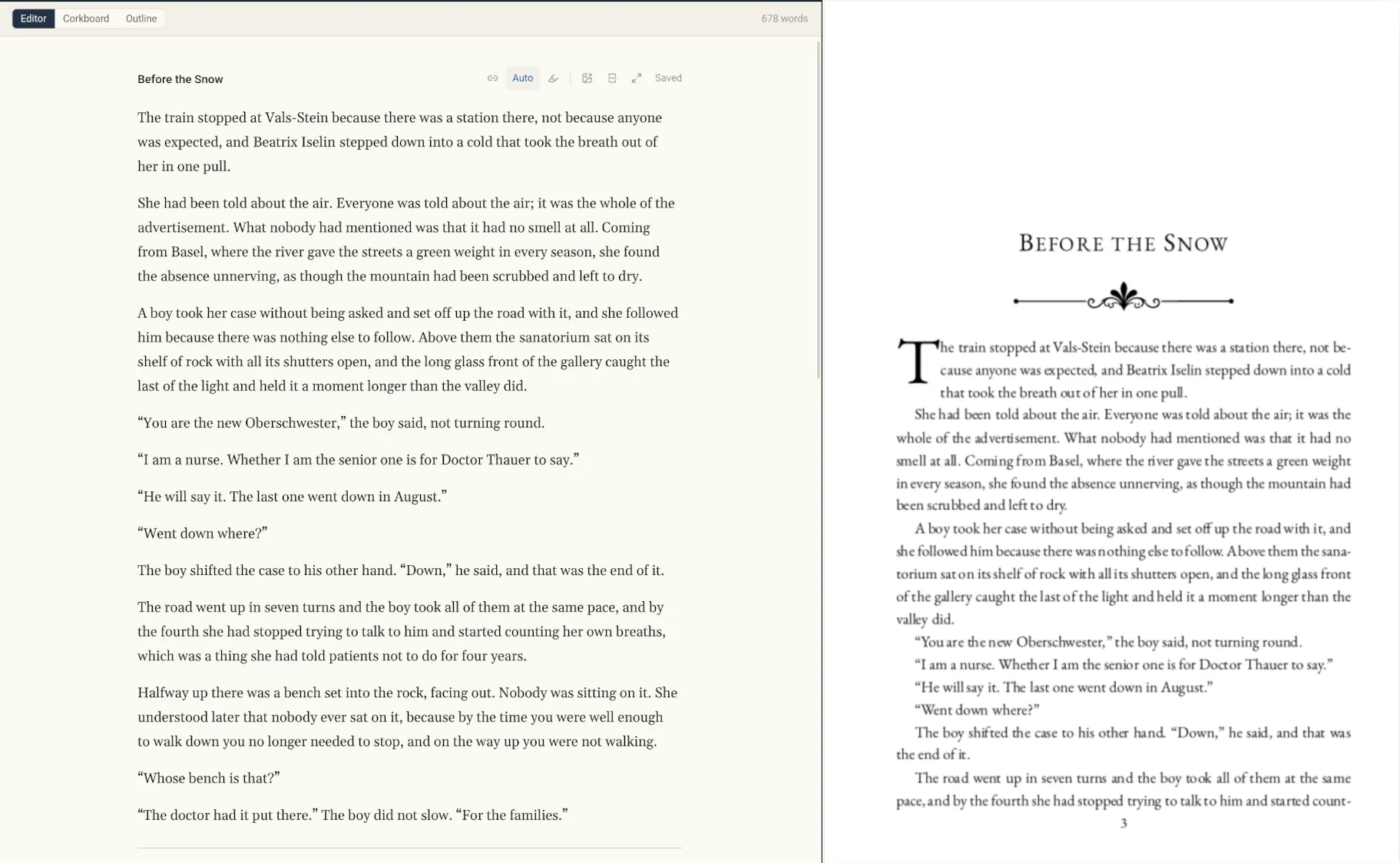 The editor on the left and the typeset page on the right, showing the same words