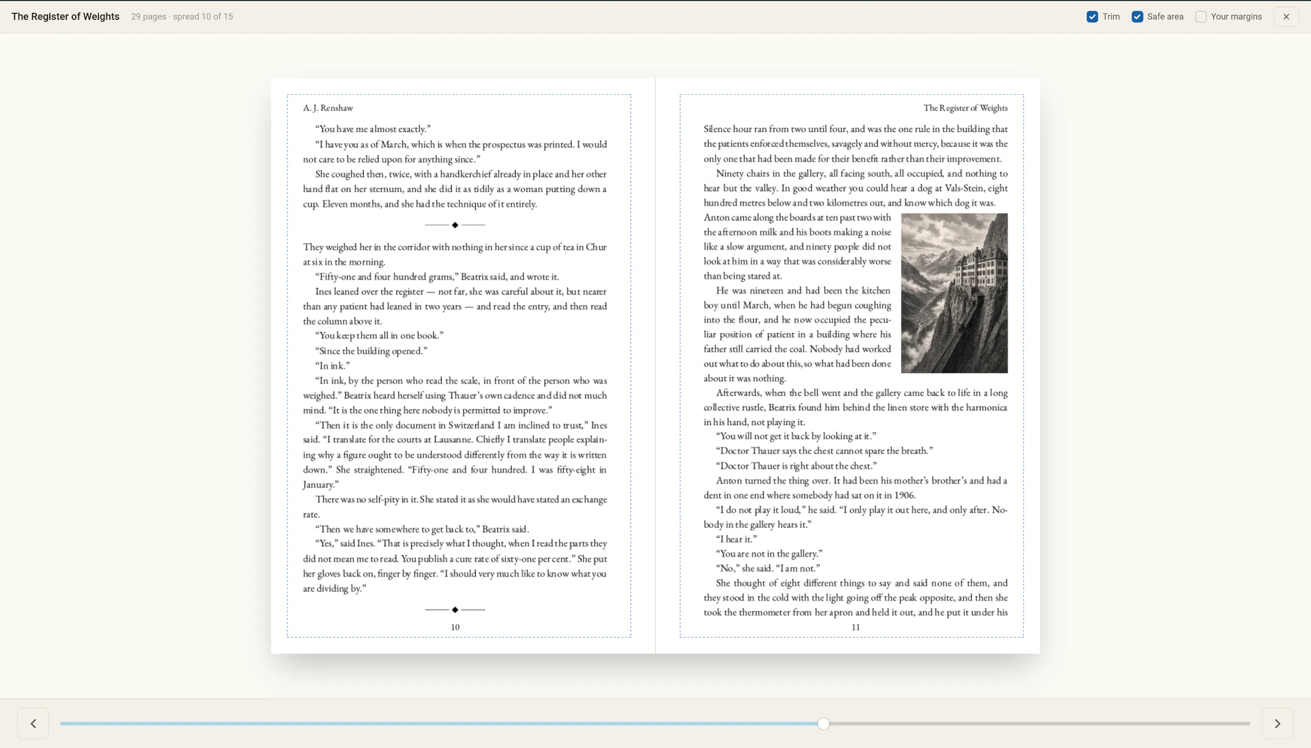 A printed spread where the prose flows around a picture set into the text